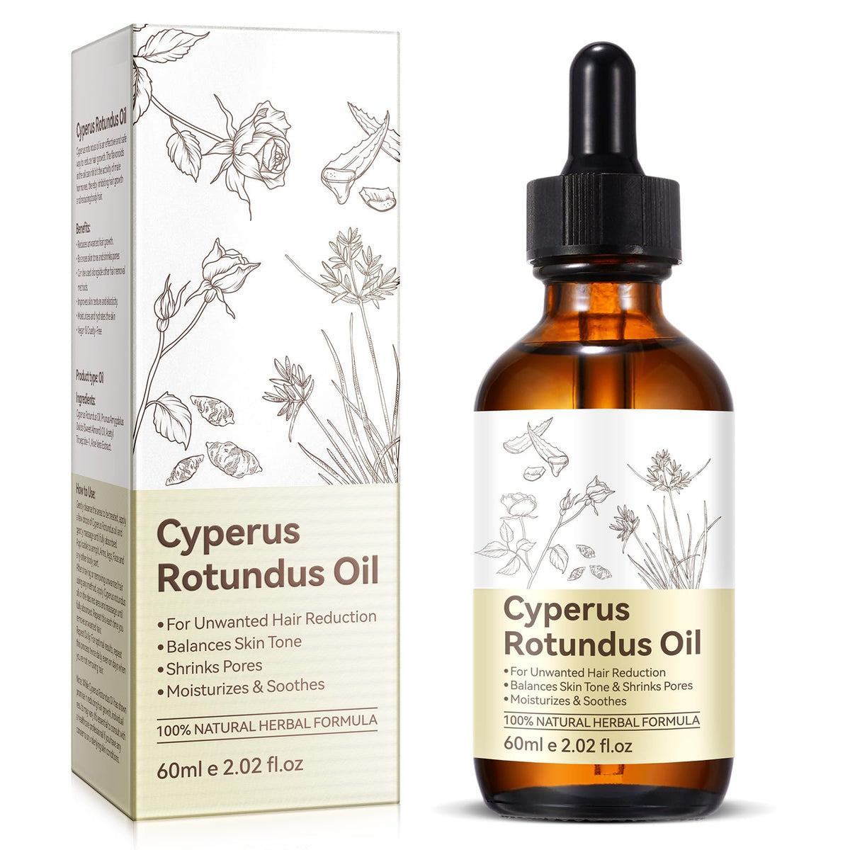 PULLING OIL Cyperus Rotundus oil bottle ready for natural hair removal support.