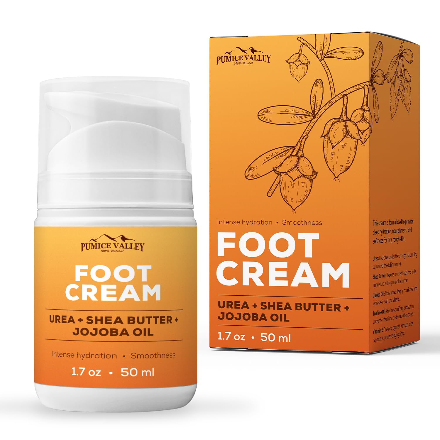 Pumice Valley foot cream jar offers rich hydration for dry feet.