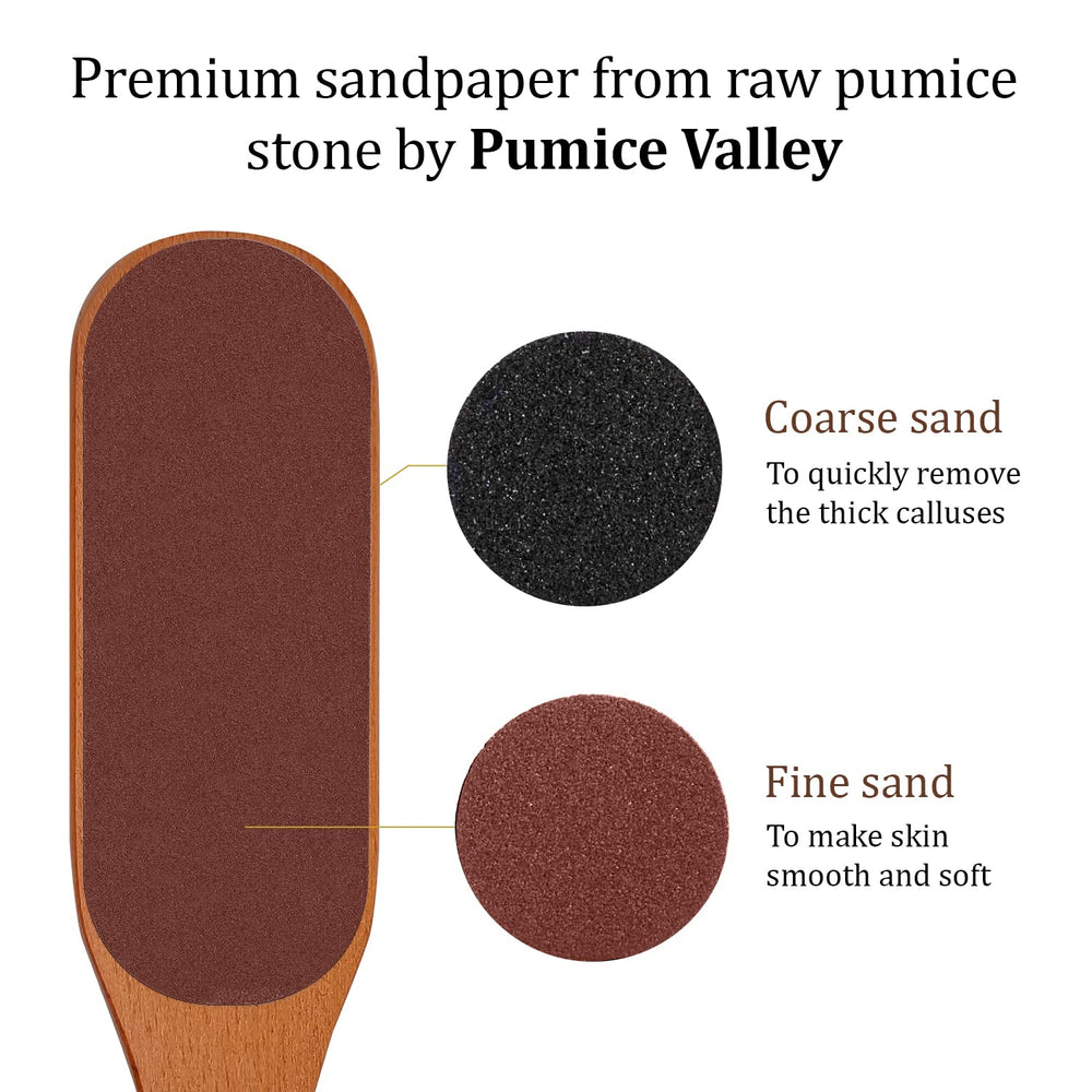 Pumice Valley foot file demonstrating callus removal action on skin.