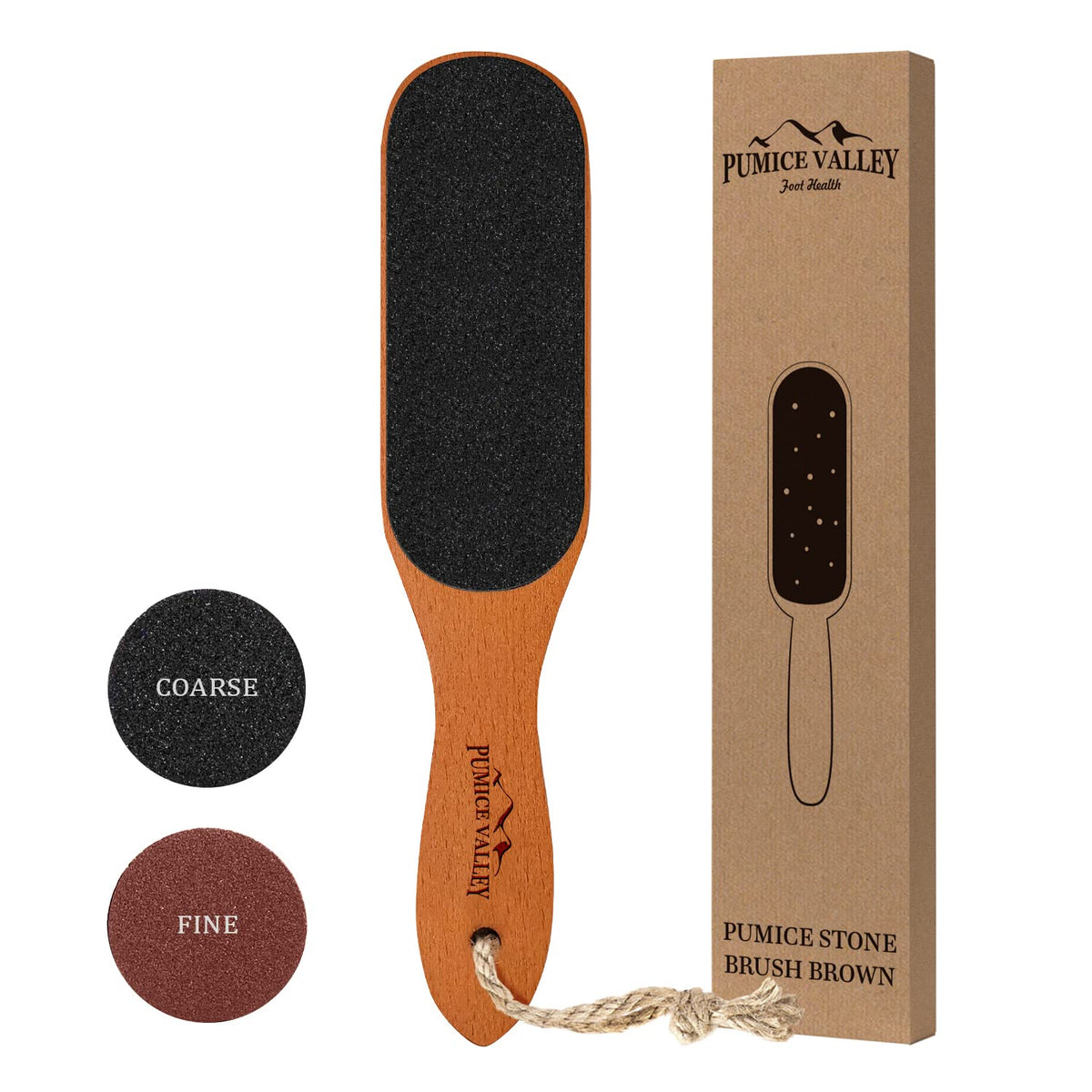 Pumice Valley foot file with wooden handle for gentle callus removal.