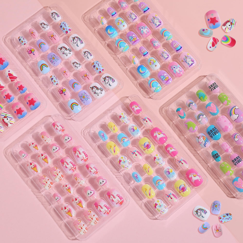 Pumkryth six-style kids nails pack, versatile nail art for girls 8-12