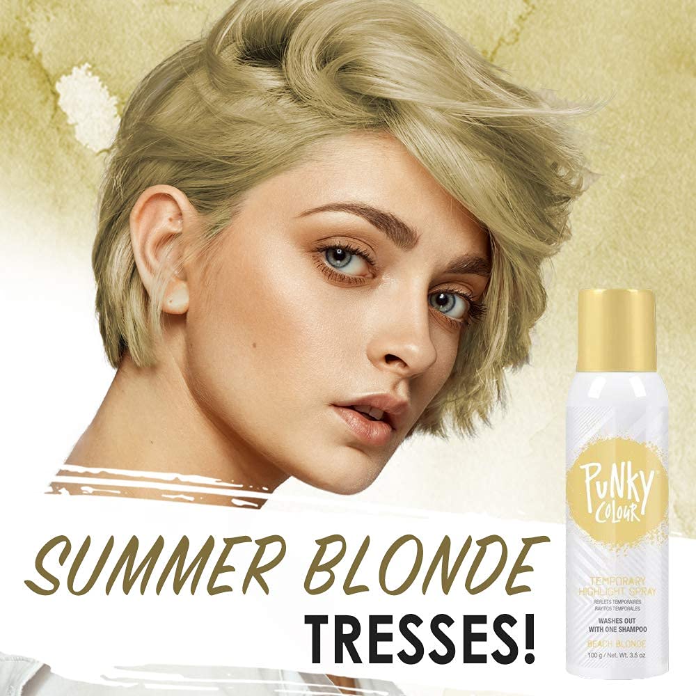 Punky Beach Blonde spray-on color on hair close-up highlights fast-drying formula.