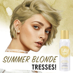Punky Beach Blonde spray-on color on hair close-up highlights fast-drying formula.