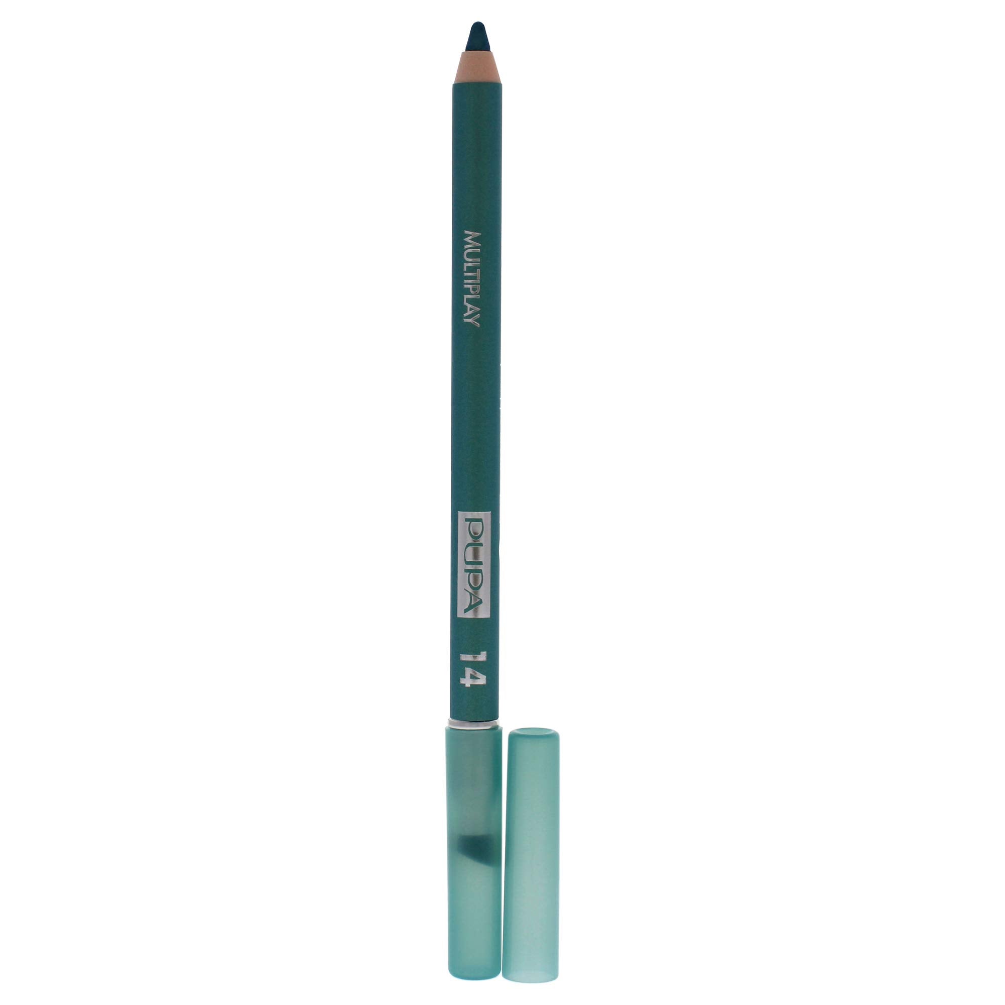 Pupa Milano Multiplay Eye Pencil 14 Water Green closeup highlighting vibrant, blendable colour for precise lining.