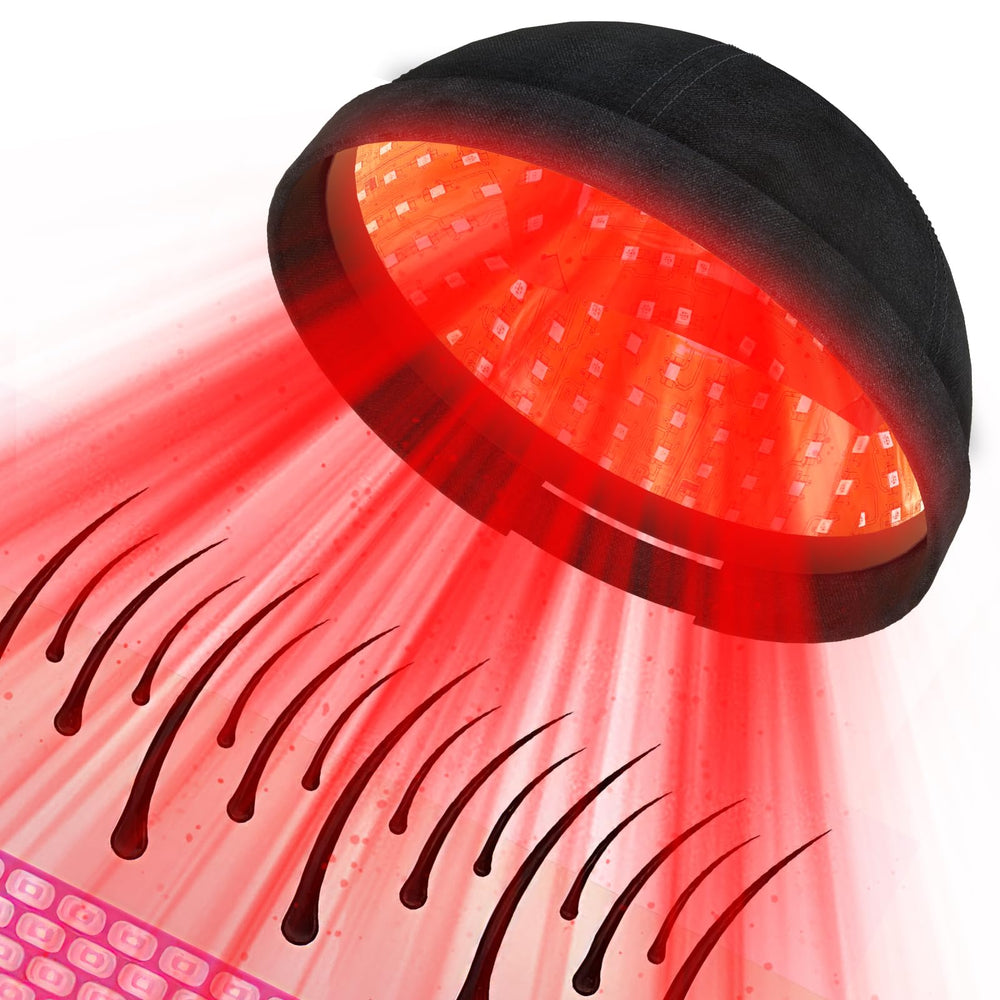 PUPCA Laser Cap on head showing diode array for at-home hair growth support.