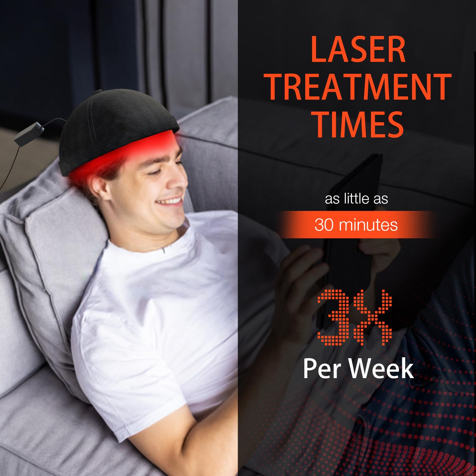 PUPCA Laser Cap in use during home treatment session for scalp light therapy.