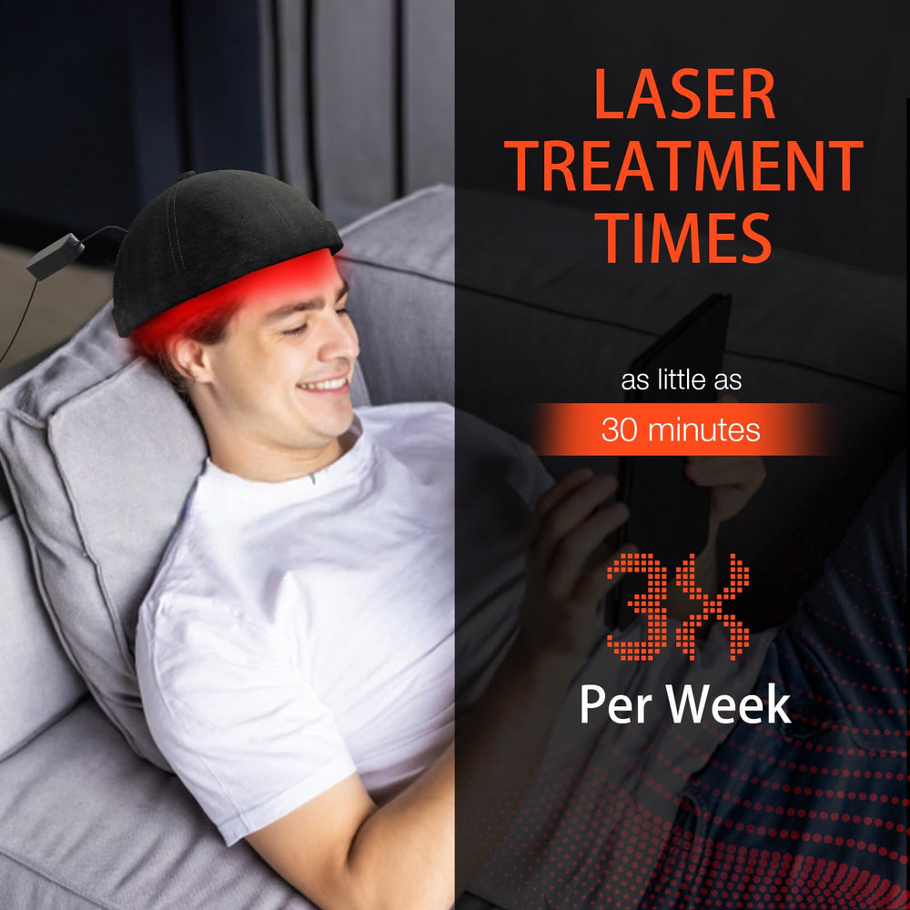 PUPCA Laser Cap in use during home treatment session for scalp light therapy.