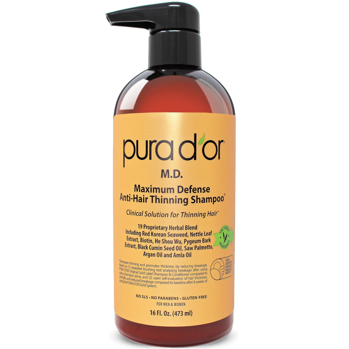 PURA D'OR 16oz MD anti-hair thinning bottle showing scalp care capability
