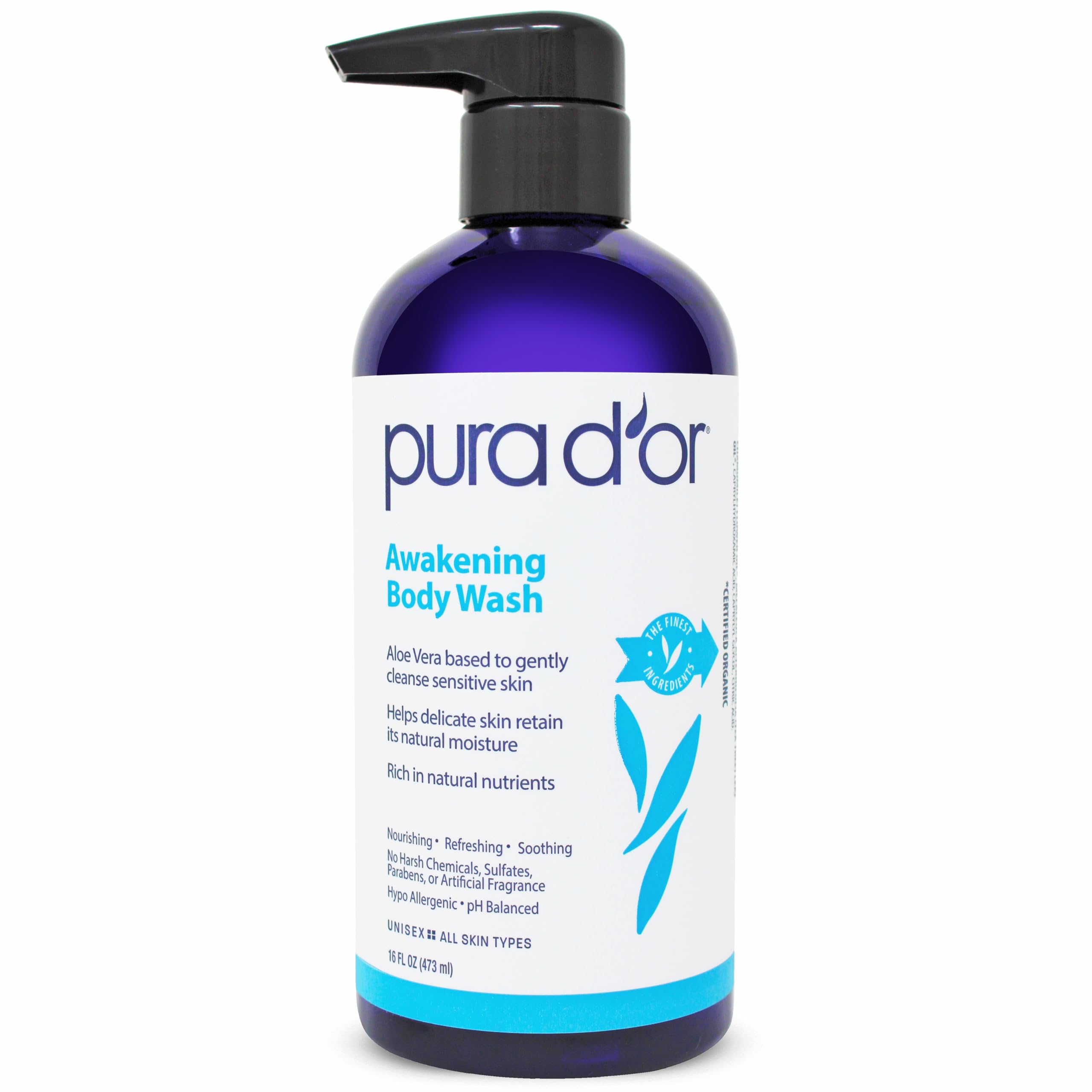 PURA D'OR Awakening bottle close-up shows vegan formula for daily moisturizing.