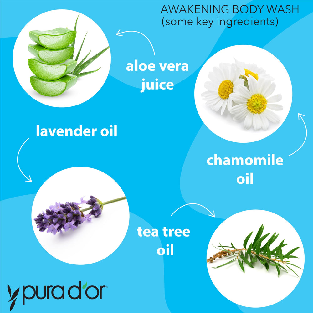 PURA D'OR Awakening ingredients close-up highlights lavender and tea tree oils.
