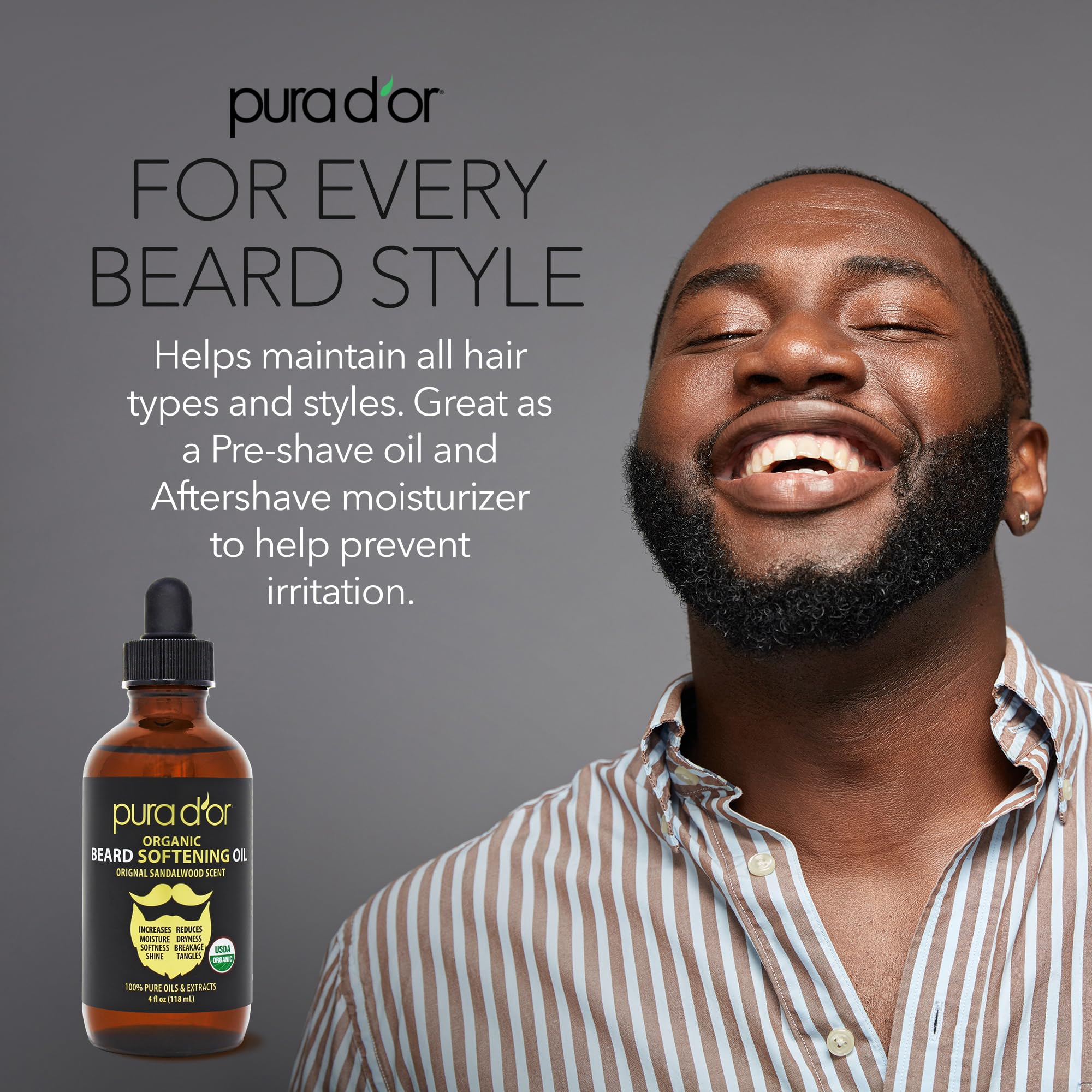 Close-up of shinier beard hair treated with PURA D'OR oil