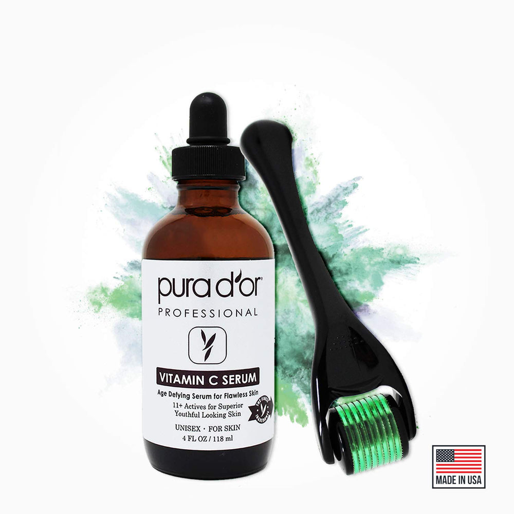PURA D'OR compact skincare kit on a bathroom counter for daily use.