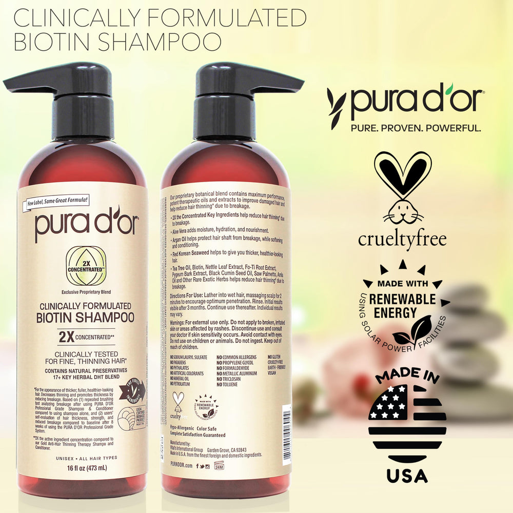 PURA D'OR packaging displays cruelty-free symbol for ethical hair care.