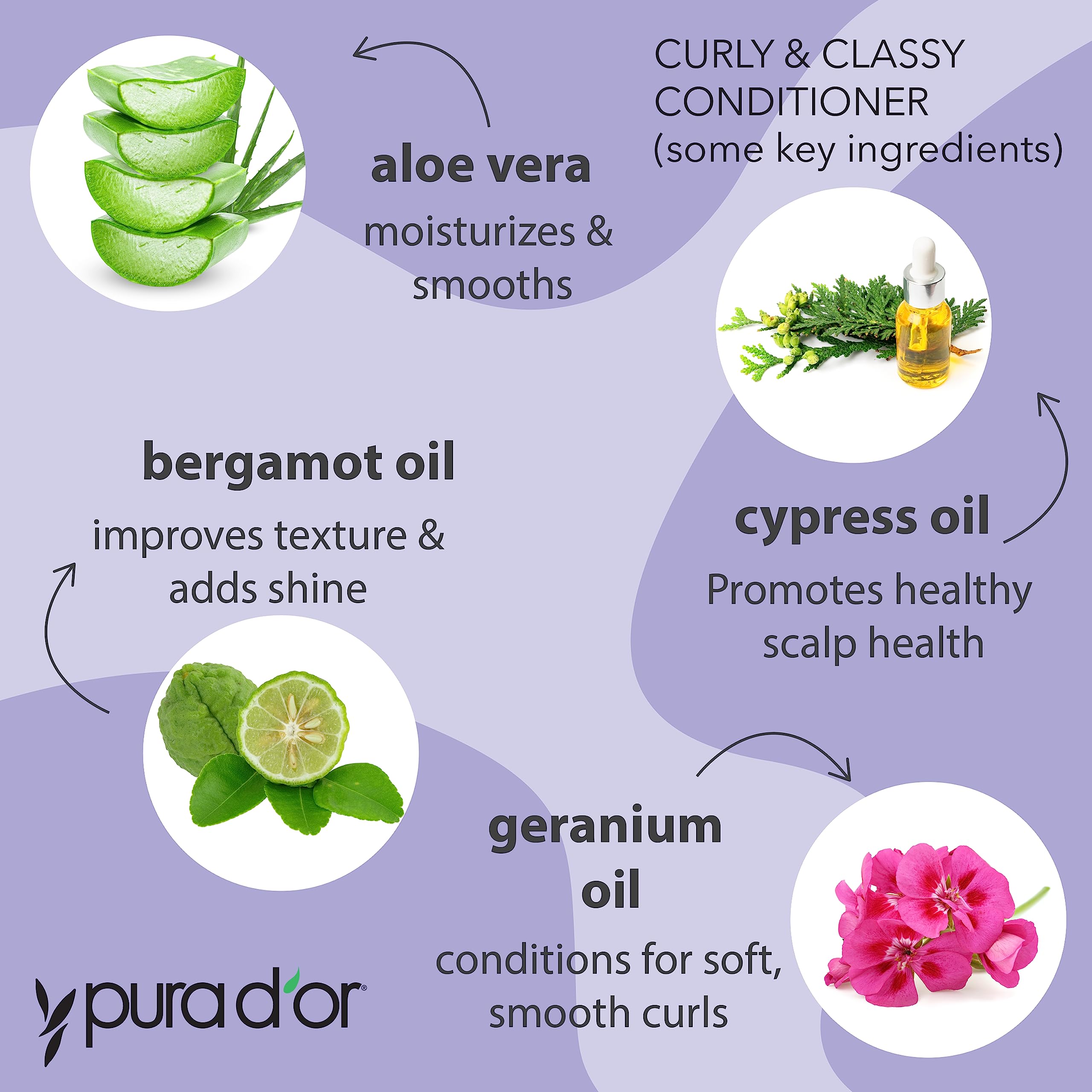 PURA DOR Curly and Classy Conditioner close-up showing curl definition and shine