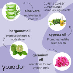 PURA DOR Curly and Classy Conditioner close-up showing curl definition and shine