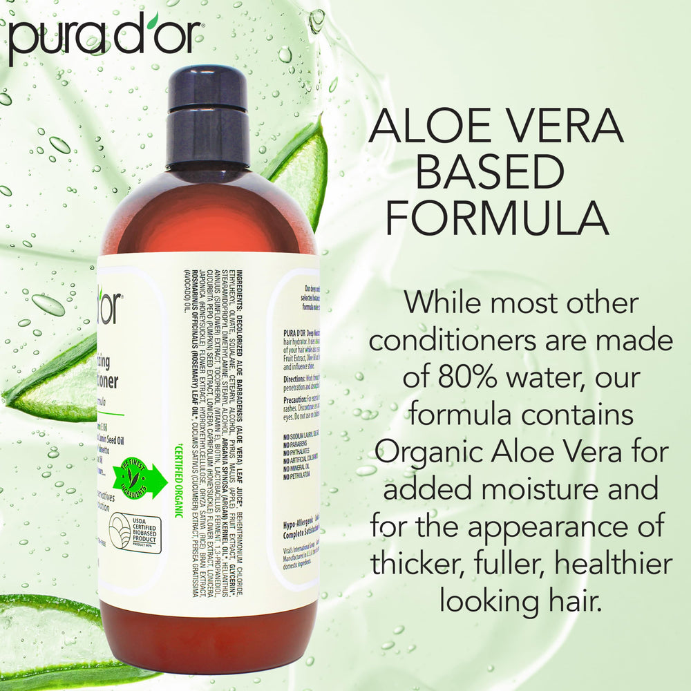 PURA D'OR conditioner being poured from the bottle for easy application.