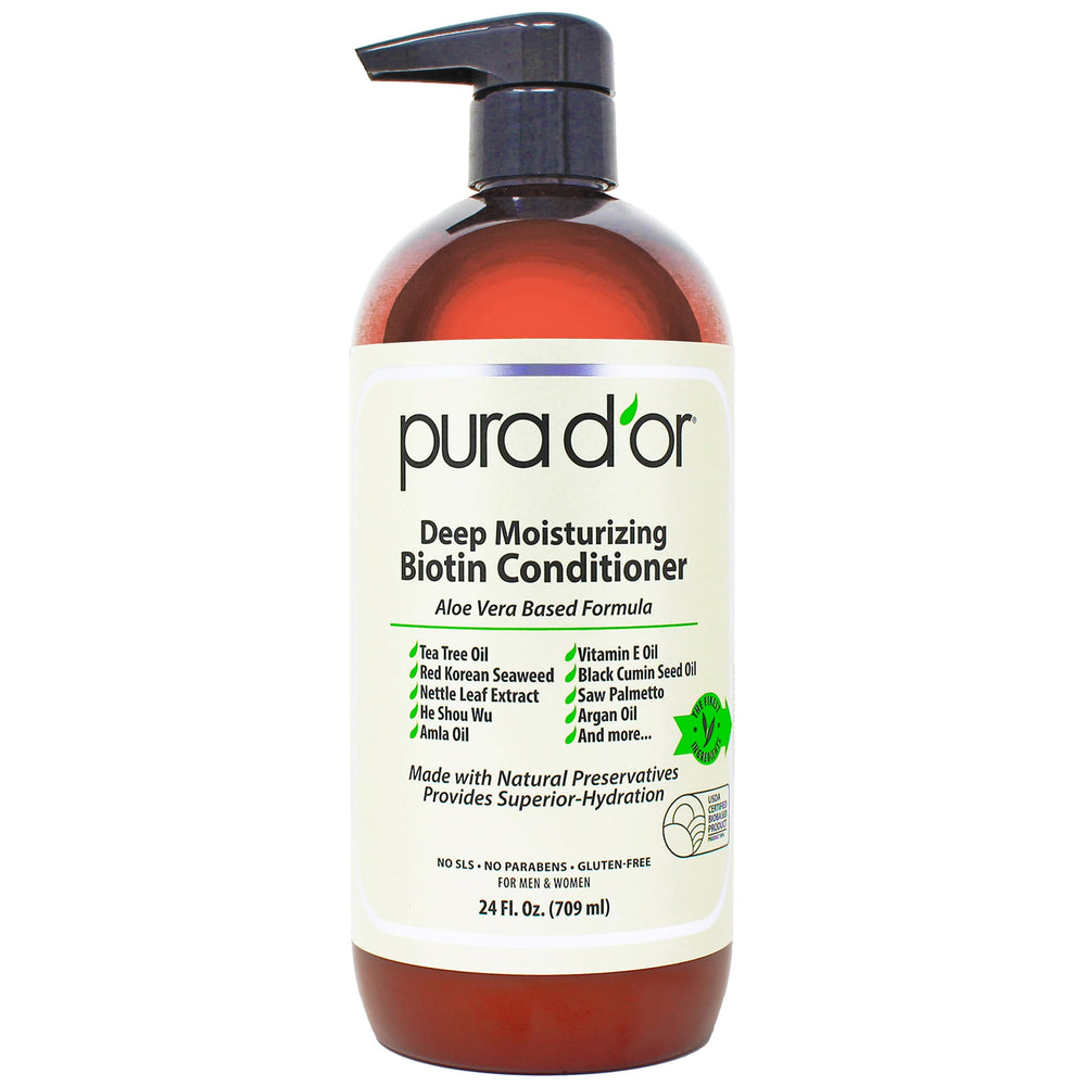 PURA D'OR Deep Moisturizing Conditioner bottle showing a hydrating formula for dry hair.