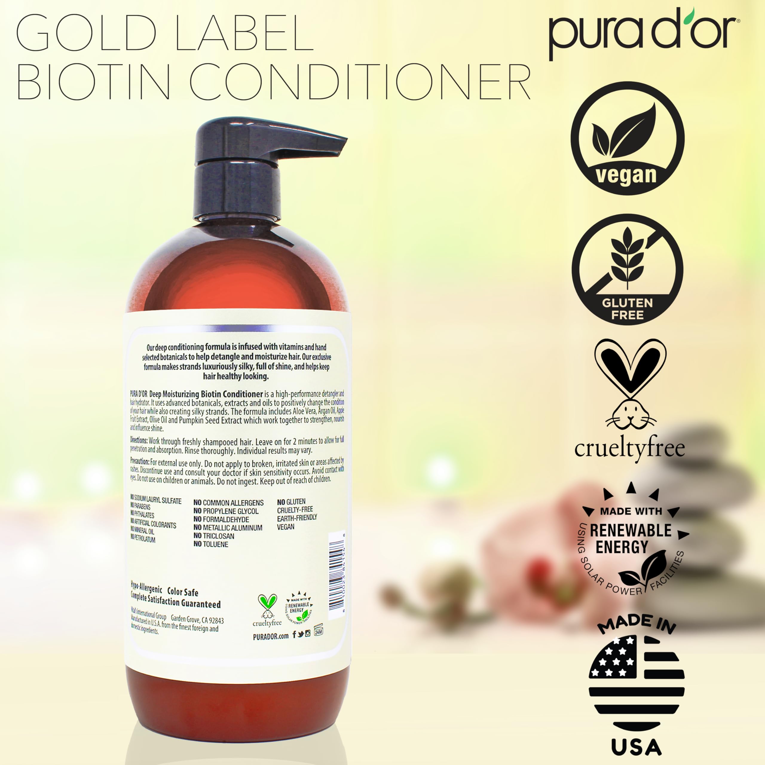 PURA D'OR packaging emphasizing eco-friendly, sustainable manufacturing.
