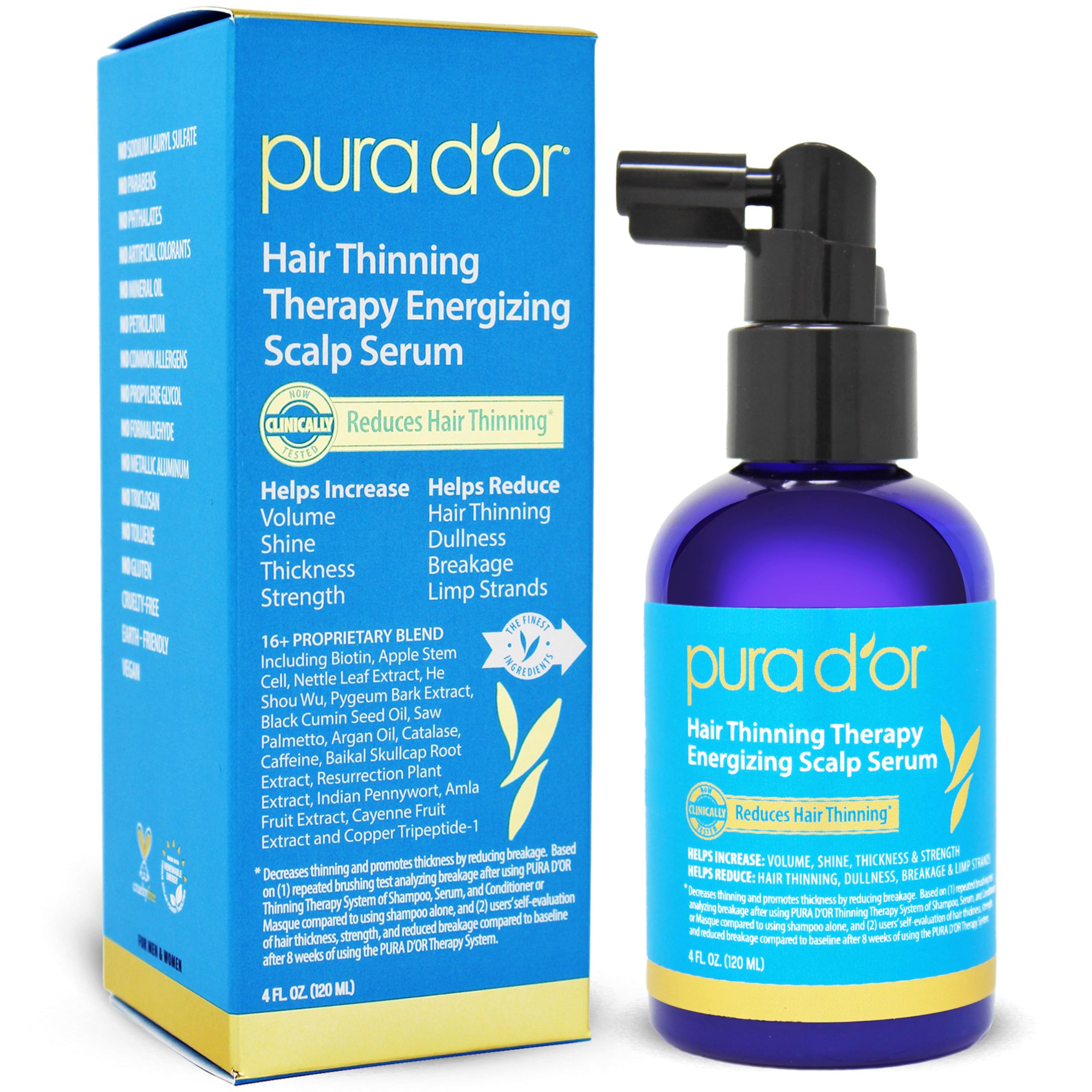 PURA D'OR Hair Thinning Therapy Serum bottle for scalp nourishment.