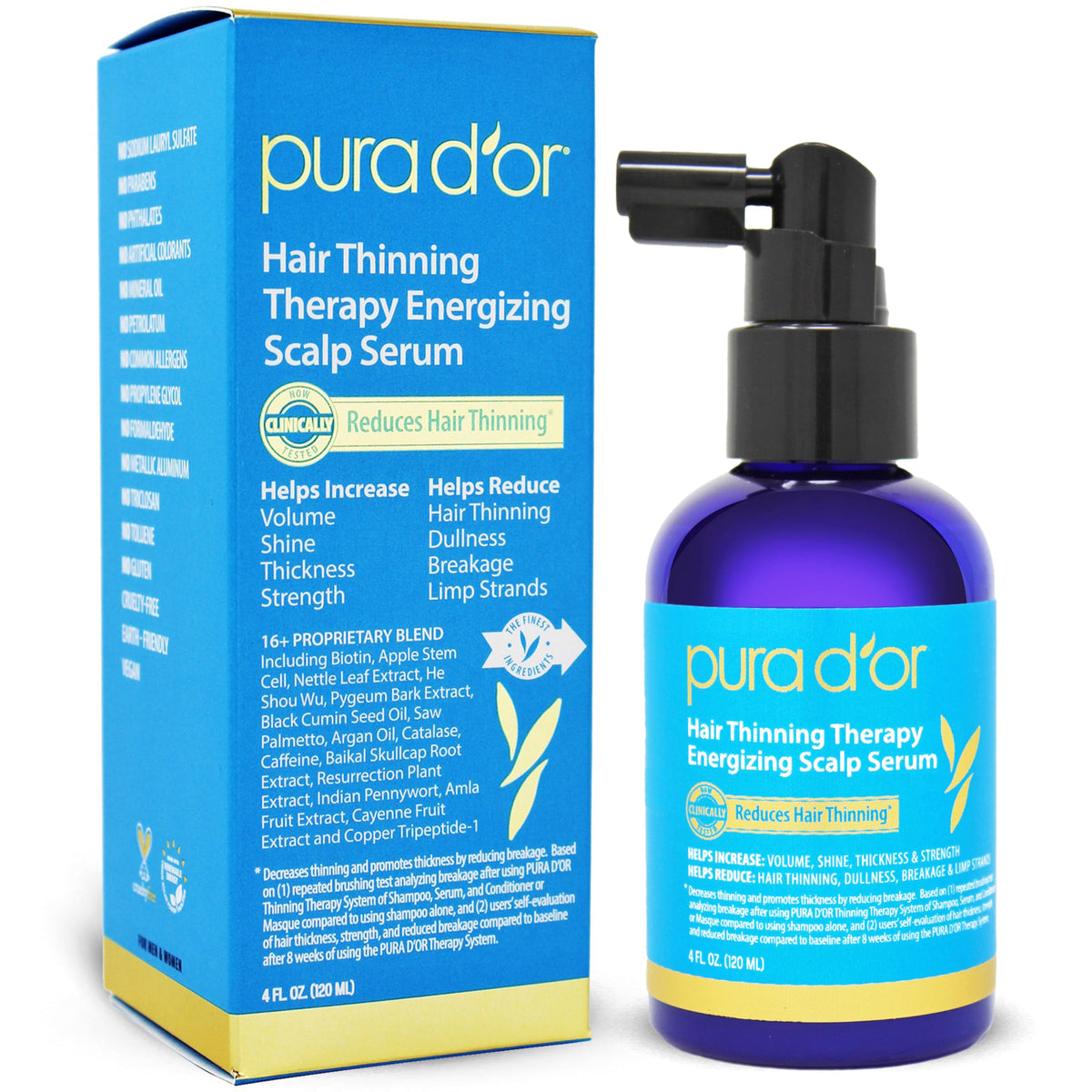 PURA D'OR Hair Thinning Therapy Serum bottle for scalp nourishment.