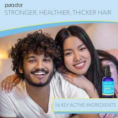 PURA D'OR serum ingredients close-up with biotin and caffeine.