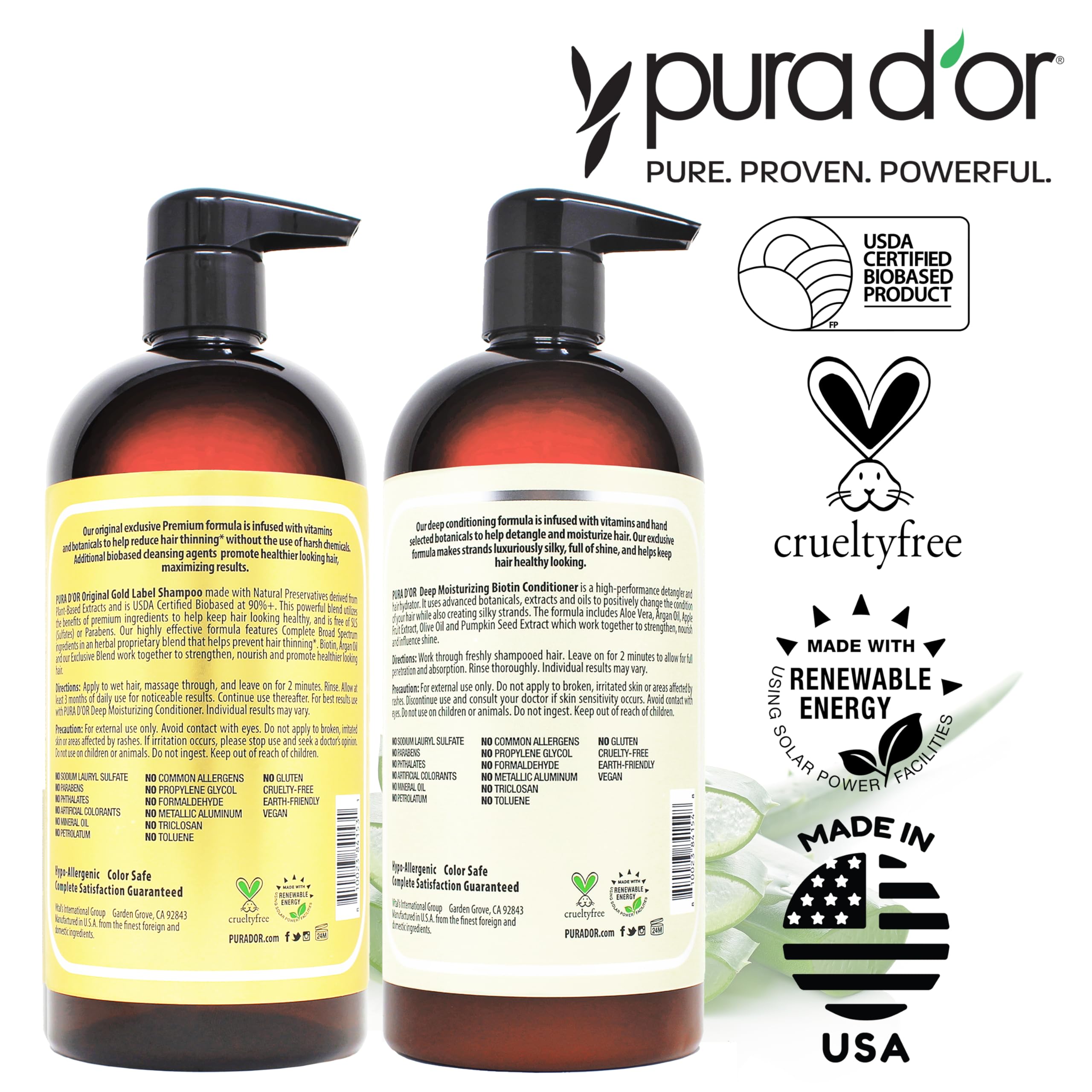 PURA D'OR ingredients chart showing 17 actives for nourishment.