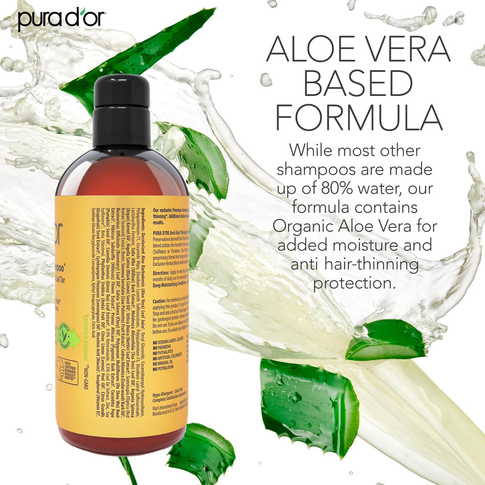 PURA D'OR label closeup shows 0.5 percent coal tar and actives