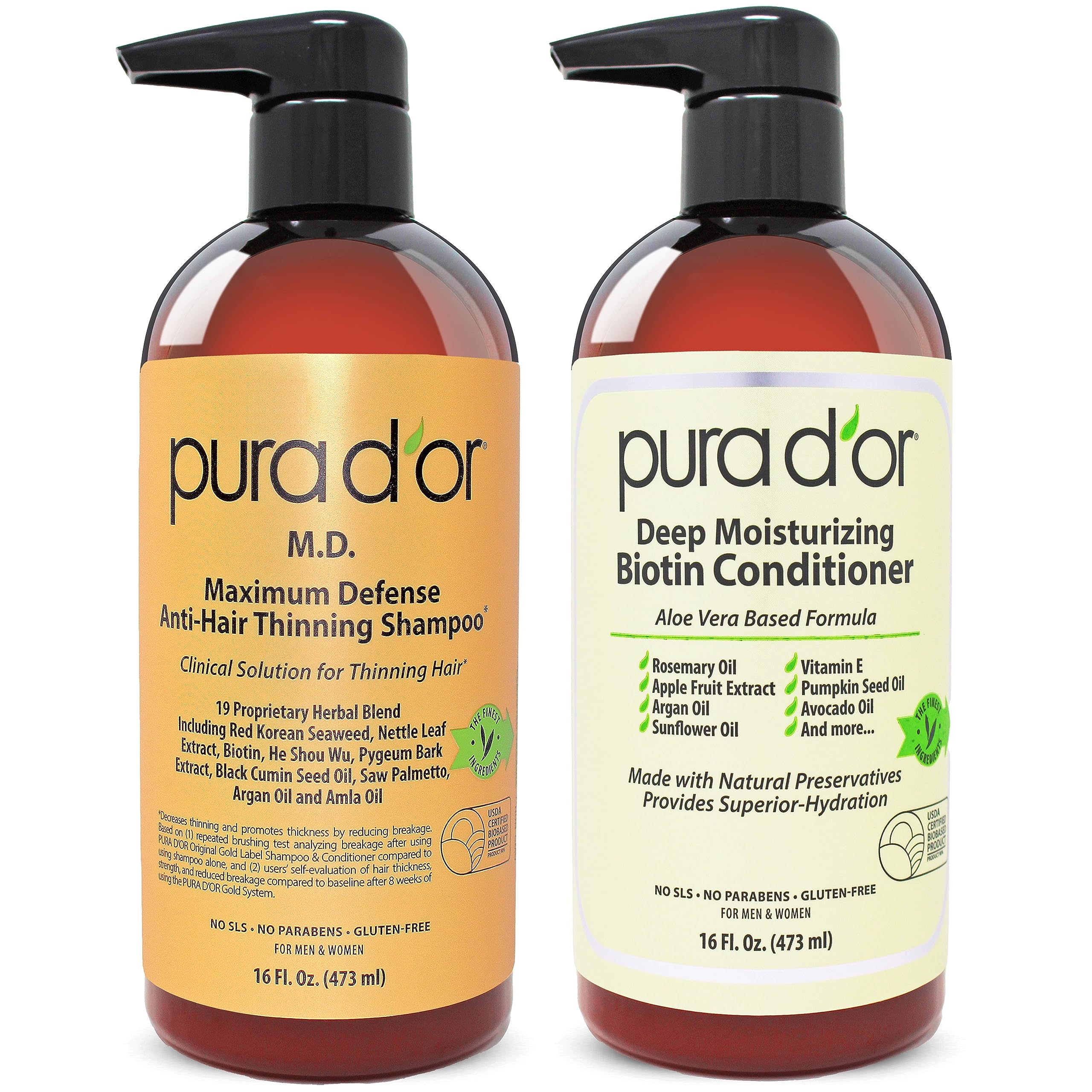 PURA D'OR MD anti-thinning shampoo bottle pour for a refreshing scalp cleanse.
