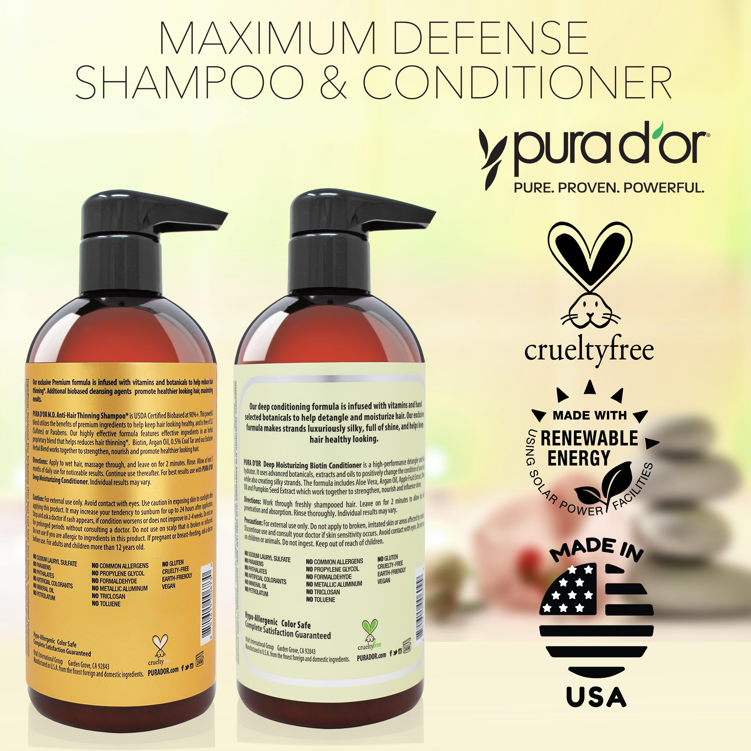 PURA D'OR MD packaging display promoting vegan, hypoallergenic care.