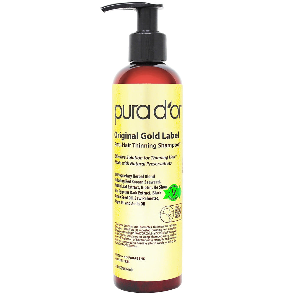 PURA D'OR Original Gold Label bottle front for daily use promoting fuller-looking hair.