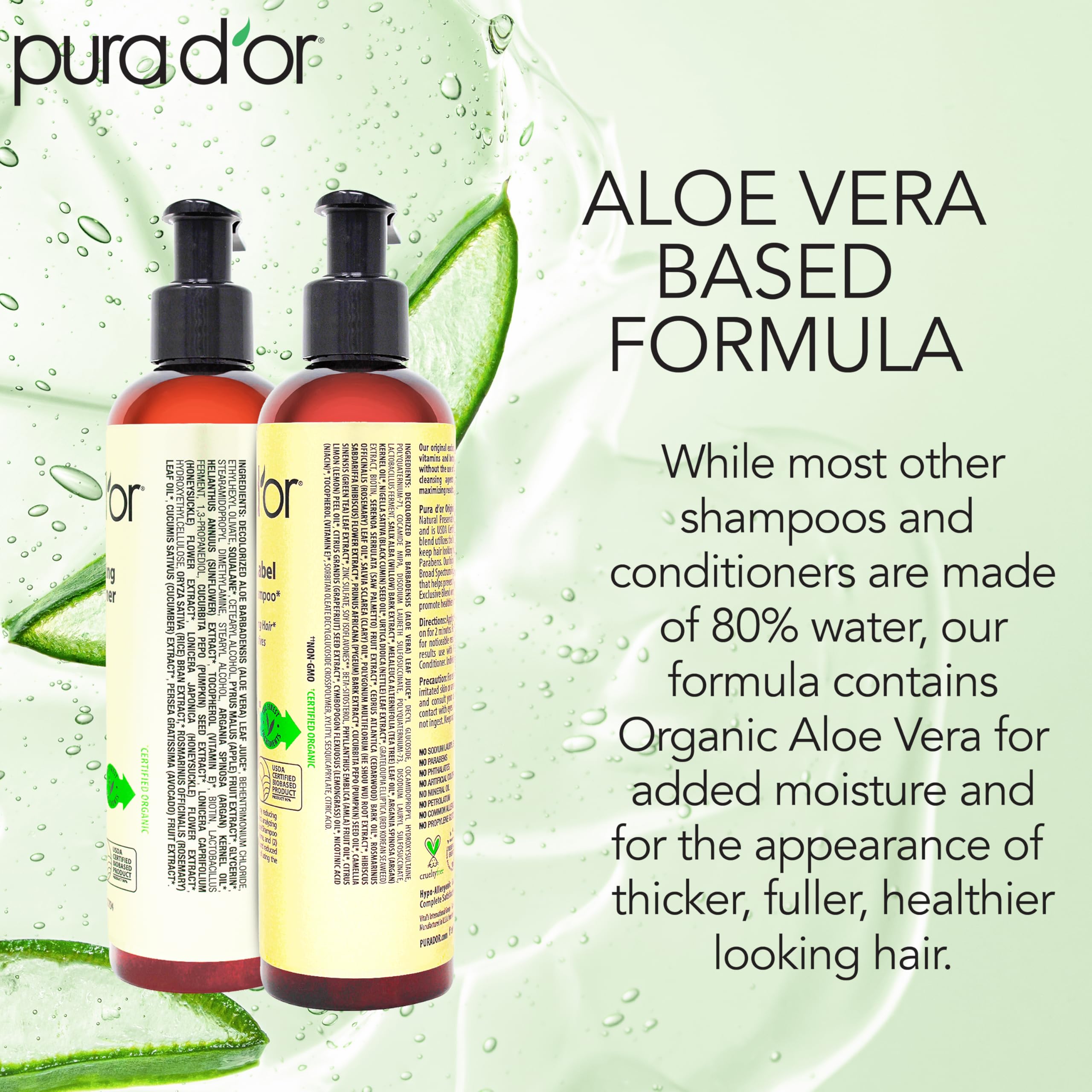 Close-up PURA D'OR bottle pouring product onto palm for non-sulfate care.