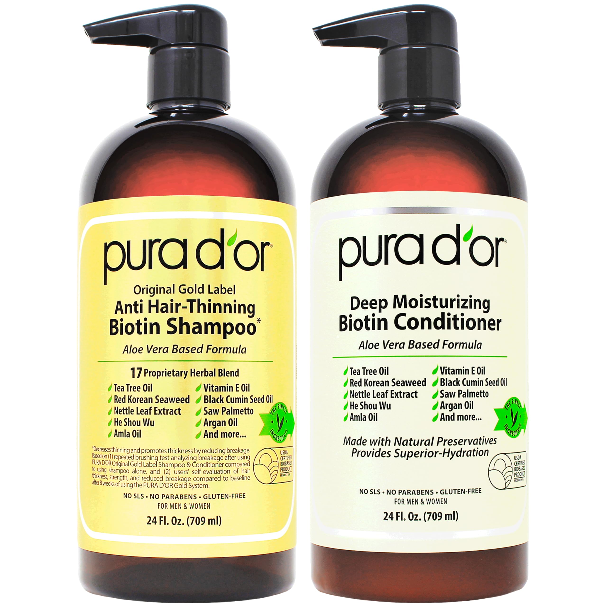 PURA D'OR Original Gold Label Shampoo bottle for thicker-looking hair.