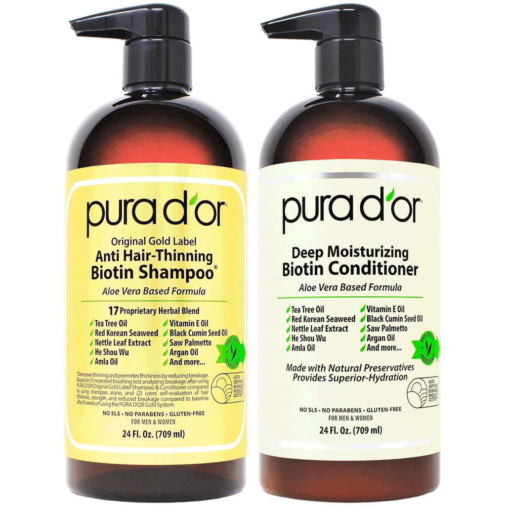 PURA D'OR Original Gold Label Shampoo bottle for thicker-looking hair.