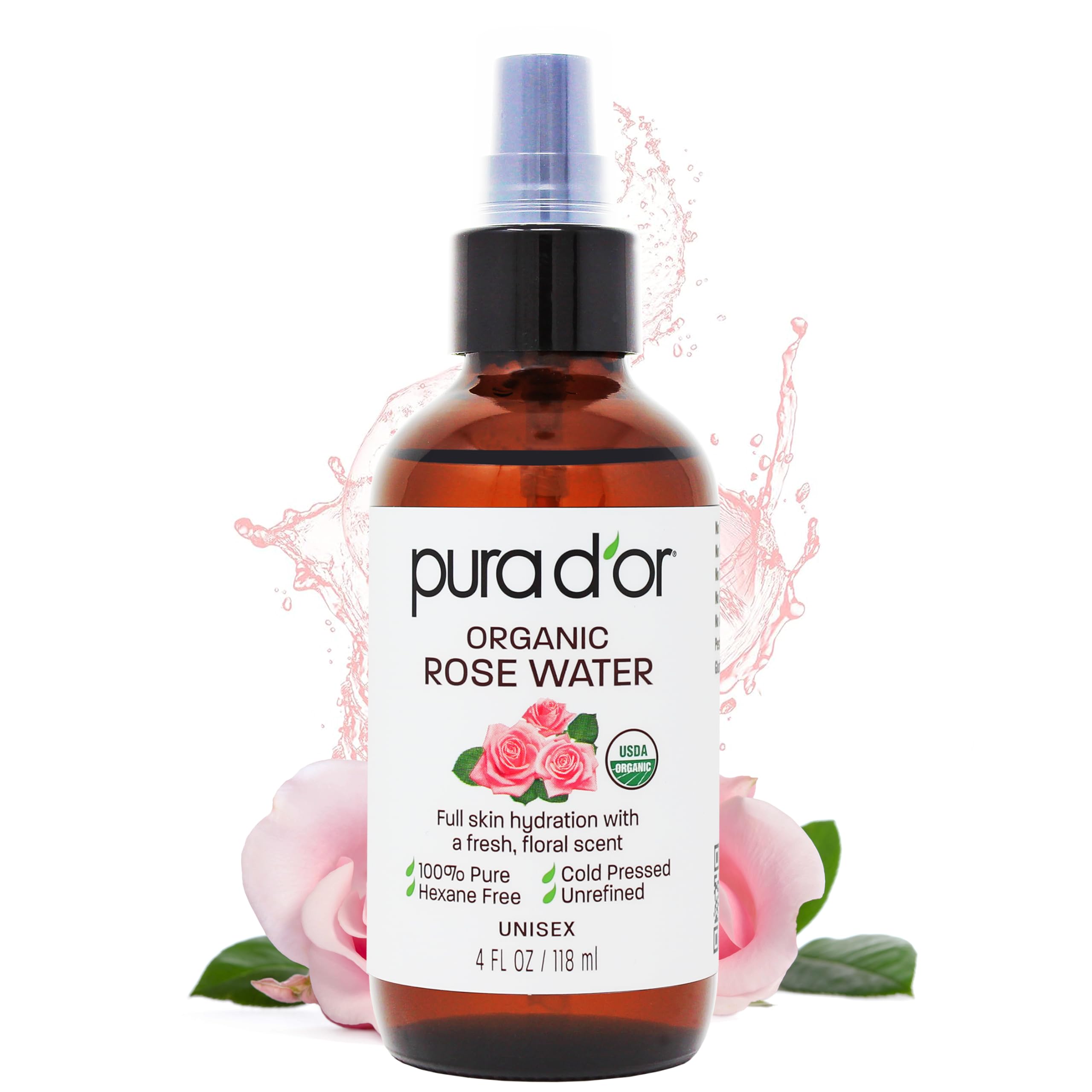 PURA D'OR Rose Water Toner bottle for daily hydration and oil control.