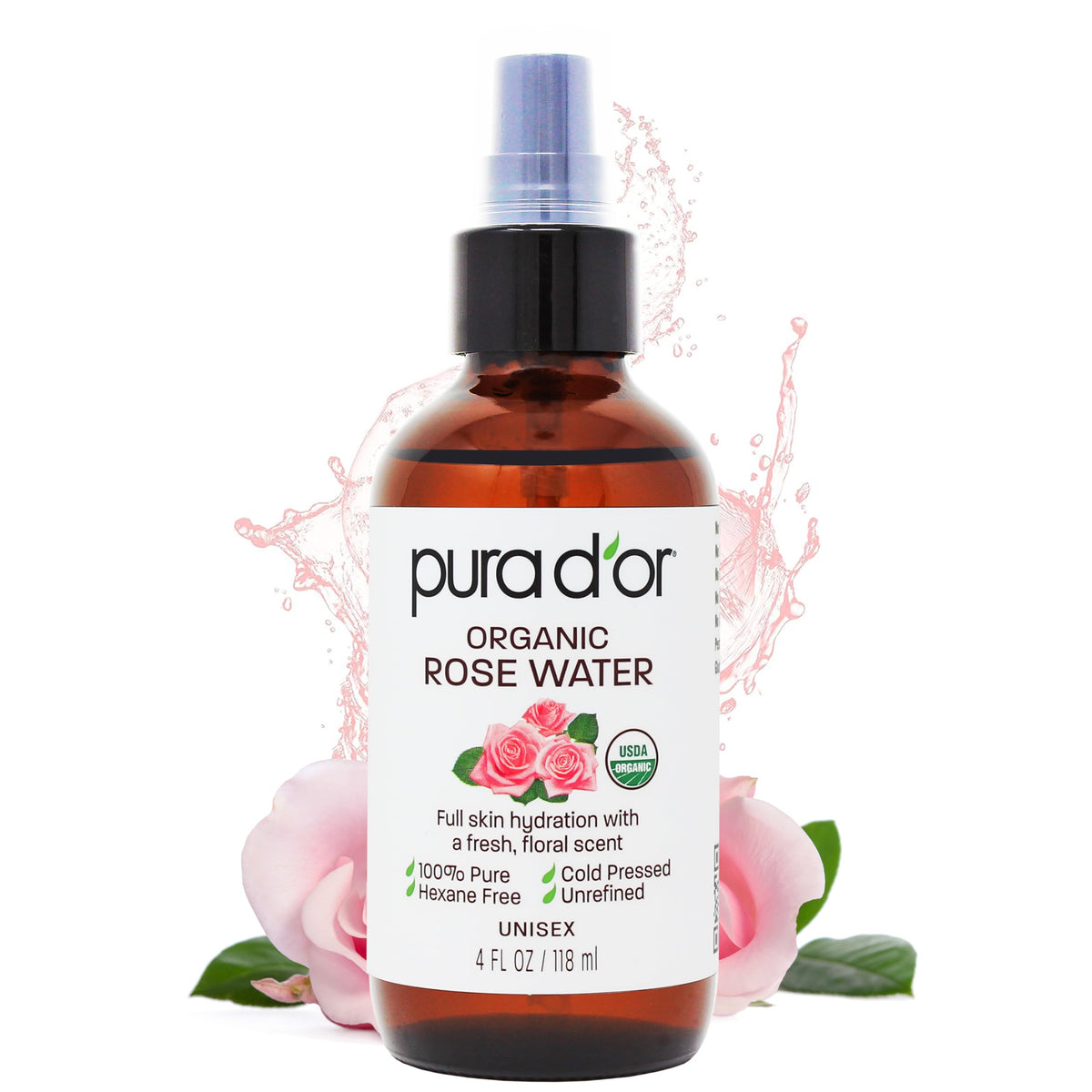 PURA D'OR Rose Water Toner bottle for daily hydration and oil control.