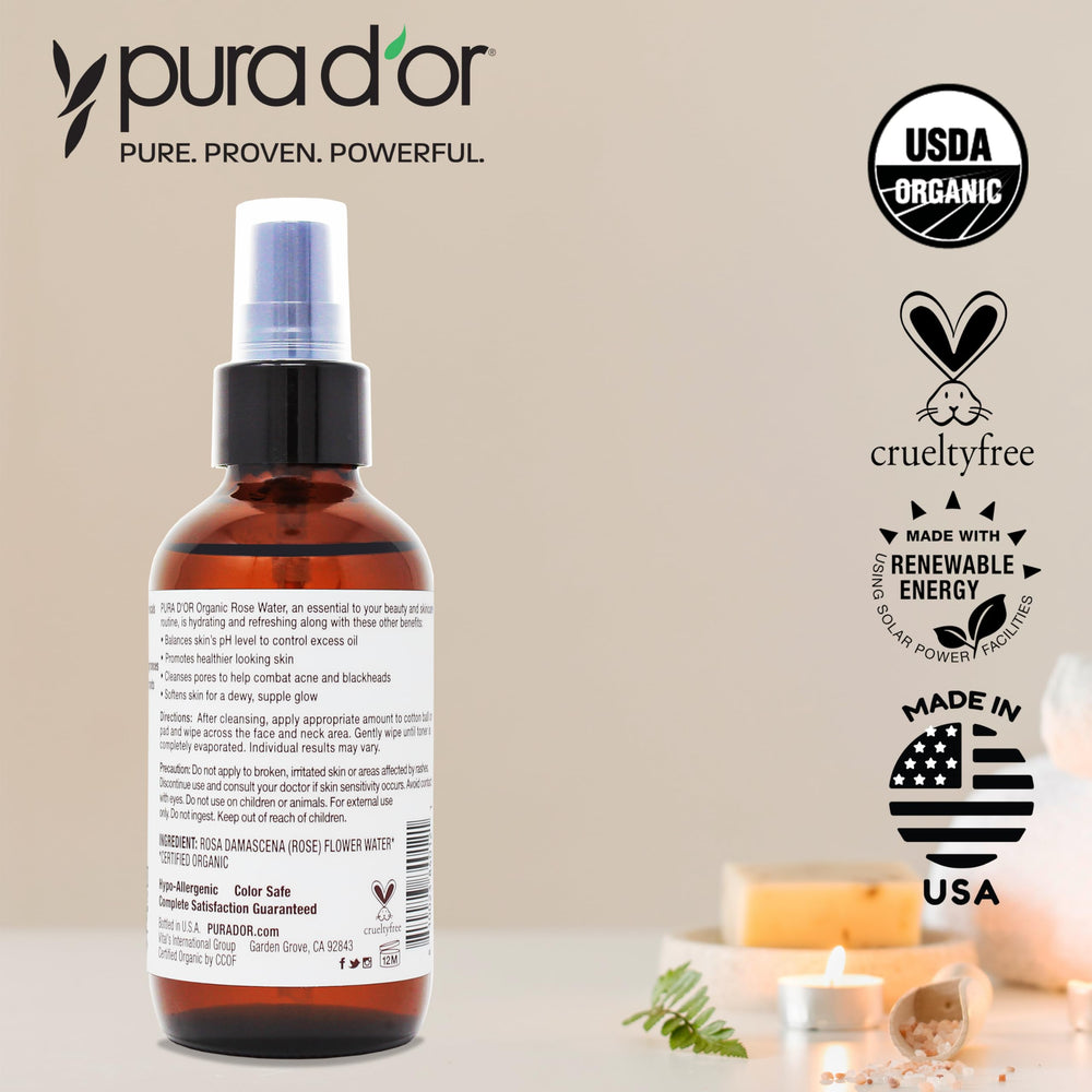 PURA D'OR Rose Water Toner being applied to the face for hydration.