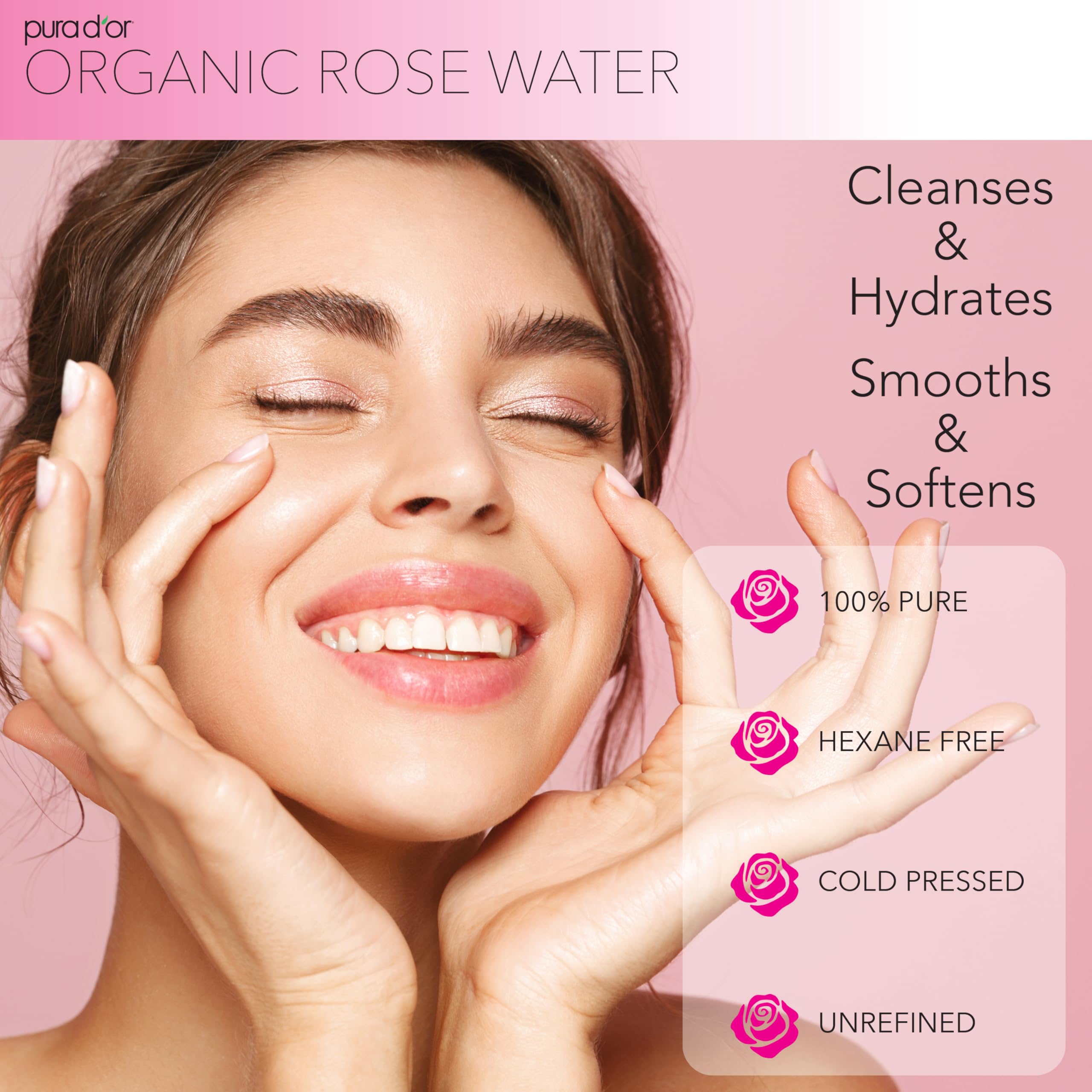 PURA D'OR Rose Water Toner label closeup highlighting ingredients.
