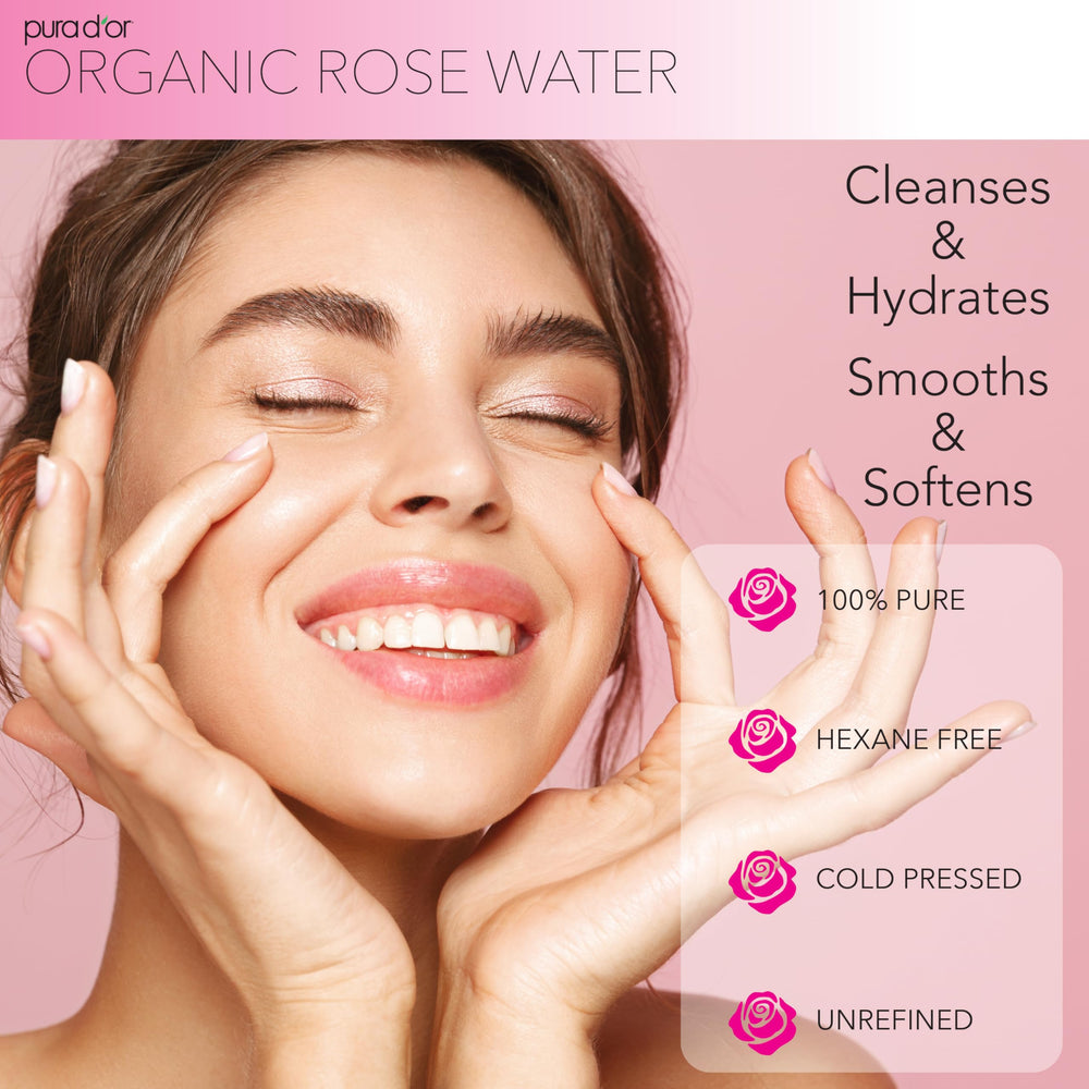 PURA D'OR Rose Water Toner label closeup highlighting ingredients.