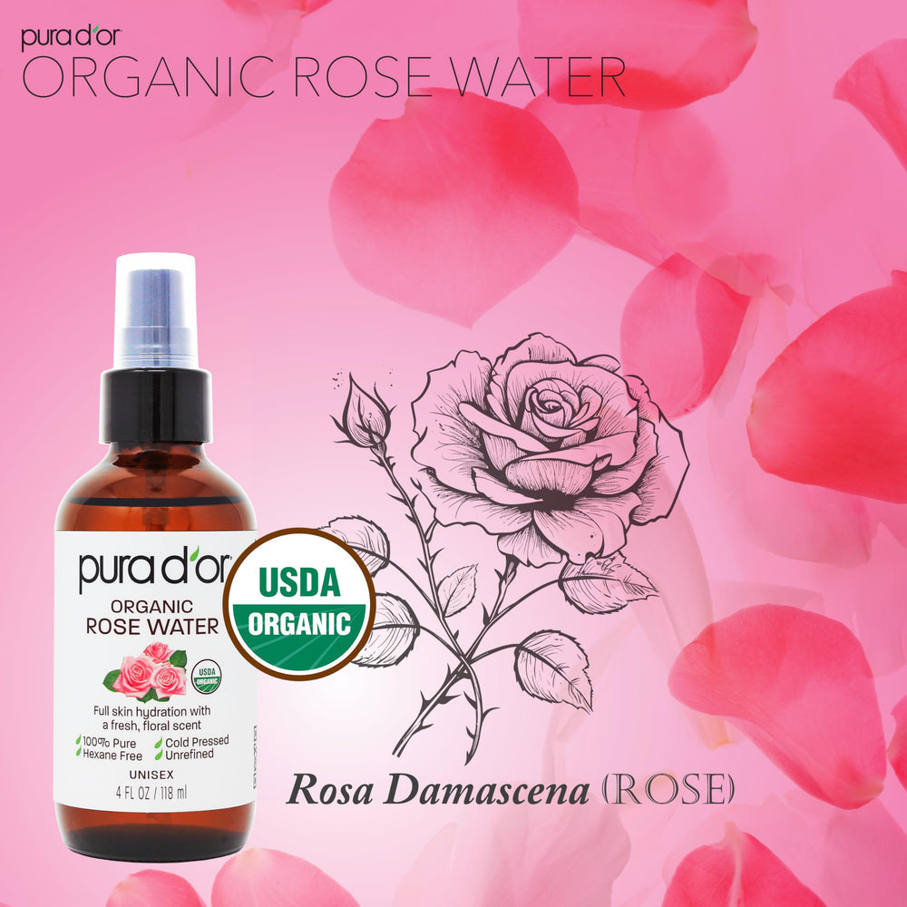 PURA D'OR Rose Water Toner packaging emphasizing sustainability.