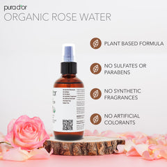 PURA D'OR Rose Water Toner with visible rose petals for natural sourcing.