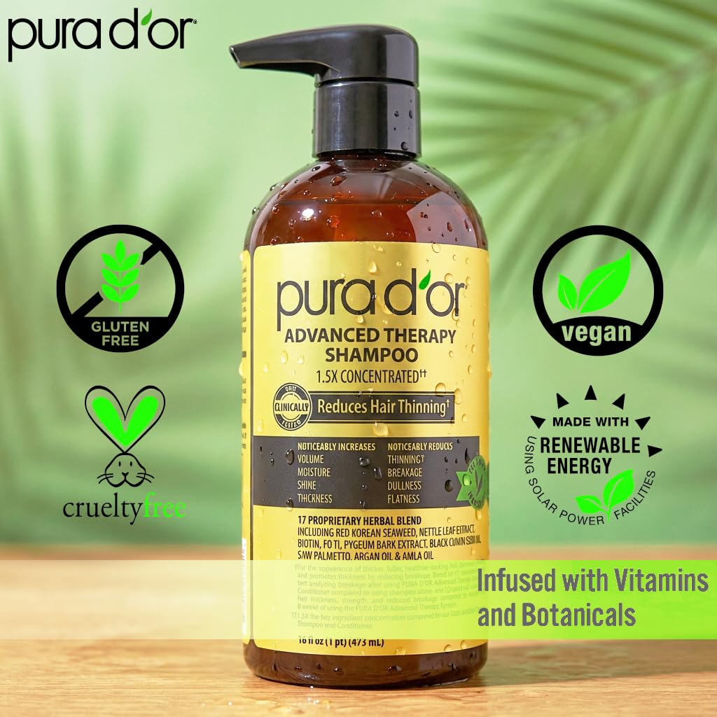 PURA D'OR cruelty-free shampoo produced in a renewable energy facility.