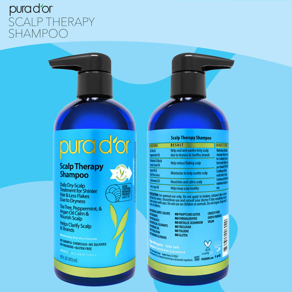 PURA D'OR Scalp Therapy Shampoo argan oil focus for nourished scalp and hair.