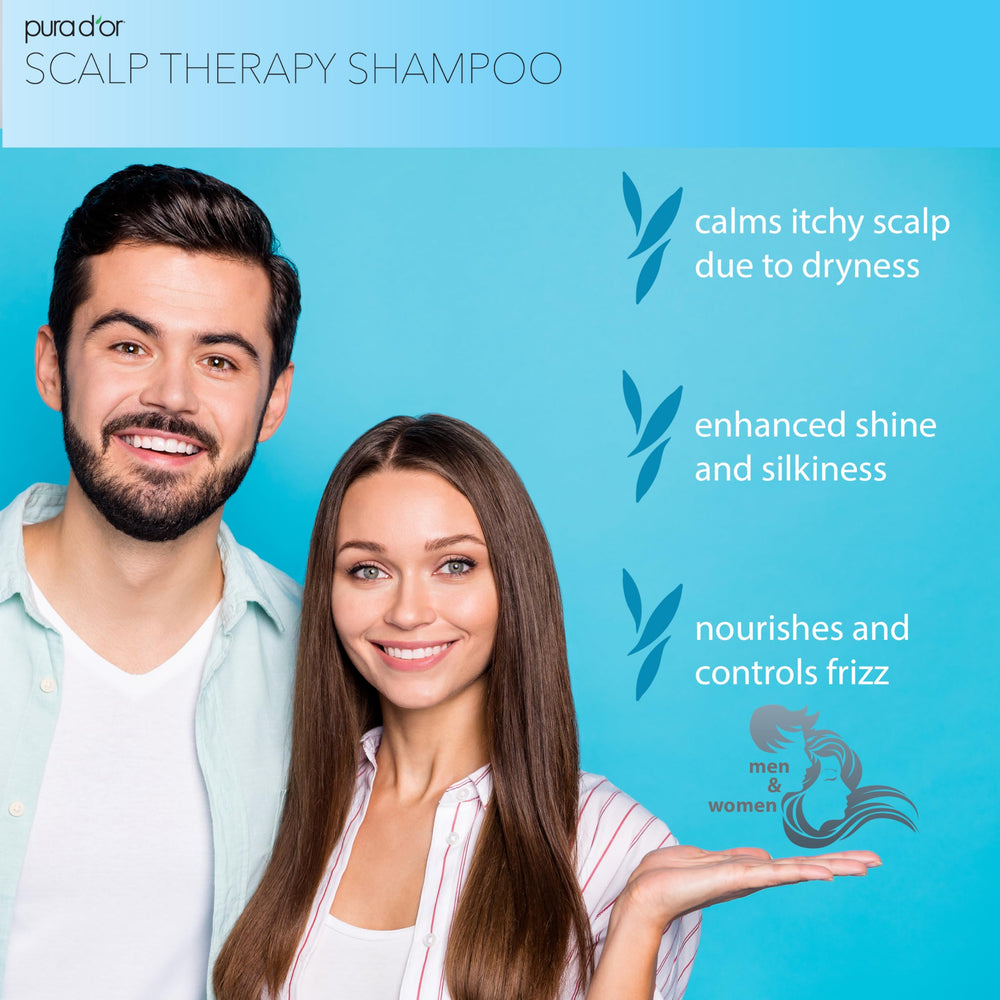PURA D'OR Scalp Therapy Shampoo bottle close-up highlighting hydrating argan oil for moisture.