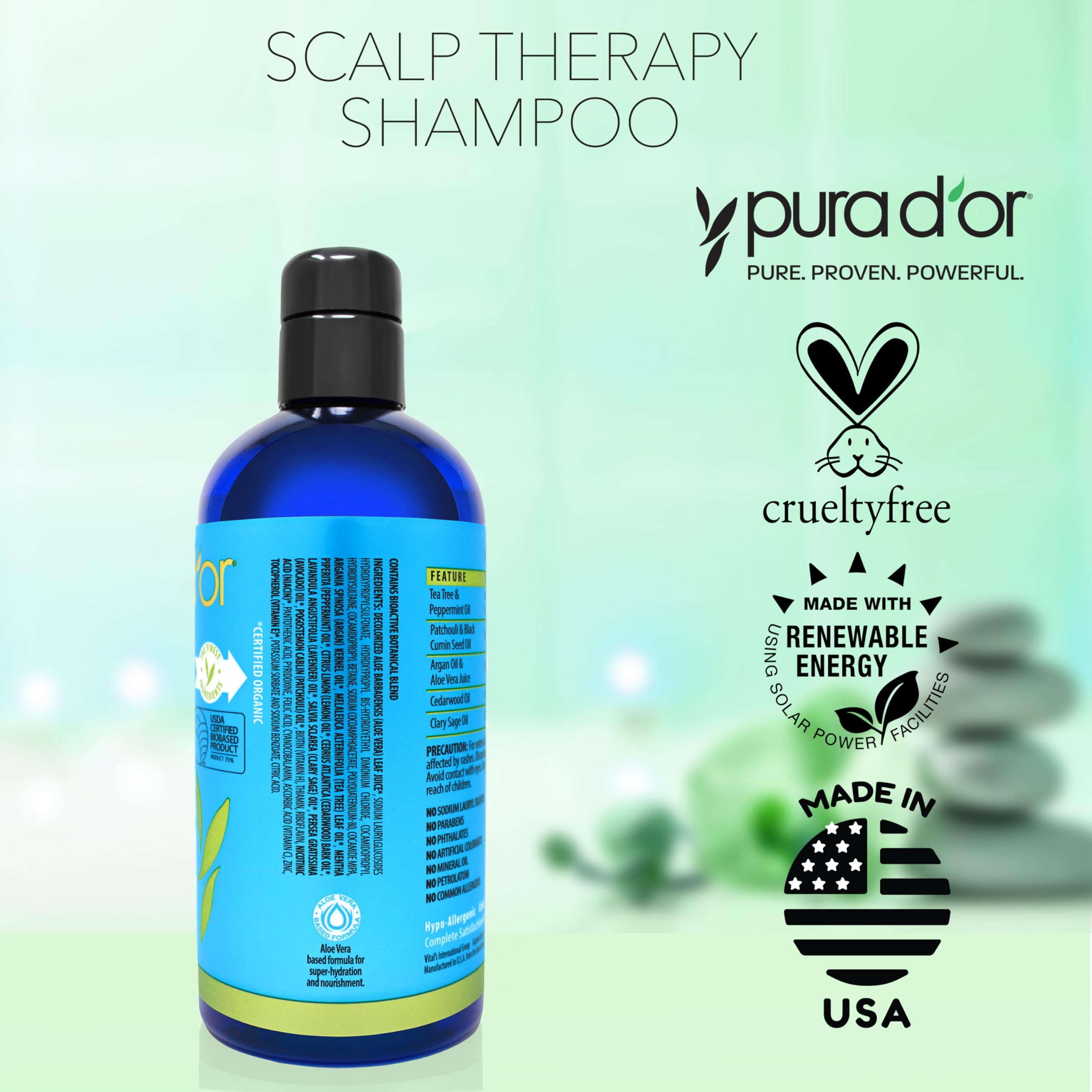 PURA D'OR Scalp Therapy Shampoo ingredients label showing paraben-free vegan formula.