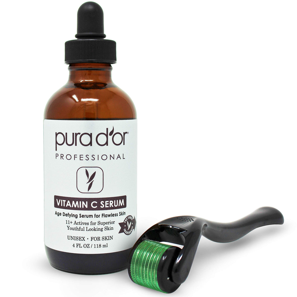 PURA D'OR vitamin C serum bottle 4oz for brightening skin tone.