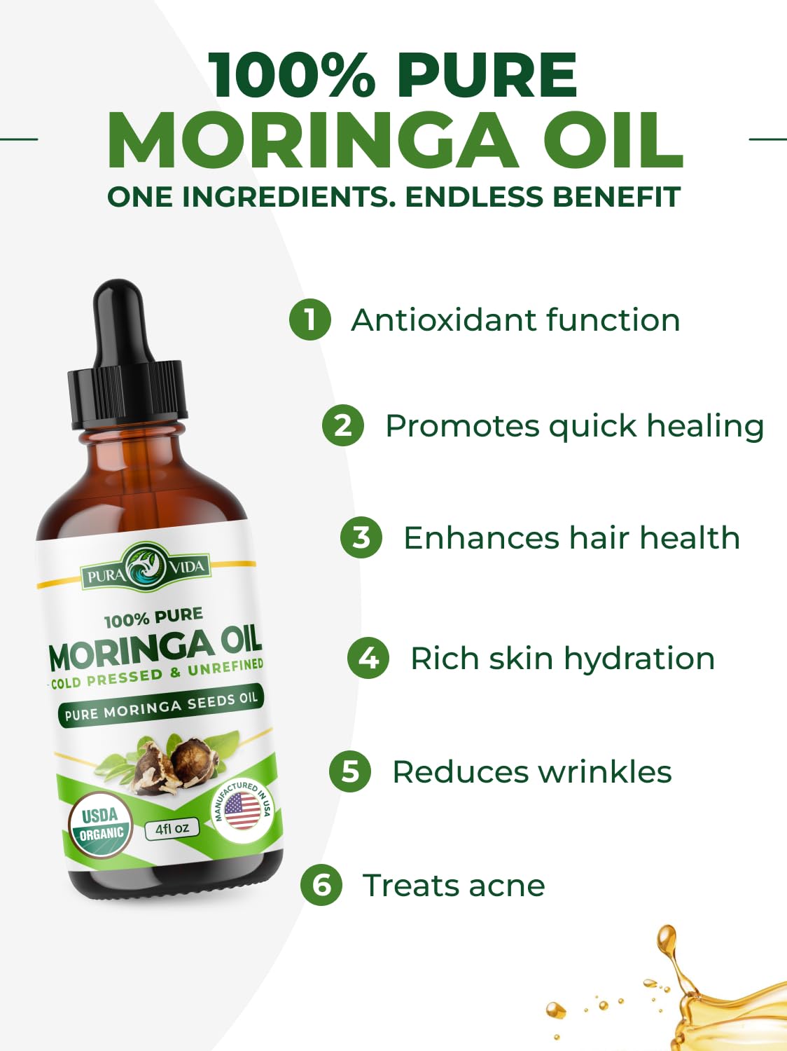 PURA VIDA MORINGA oil for face care application soothing dry skin.