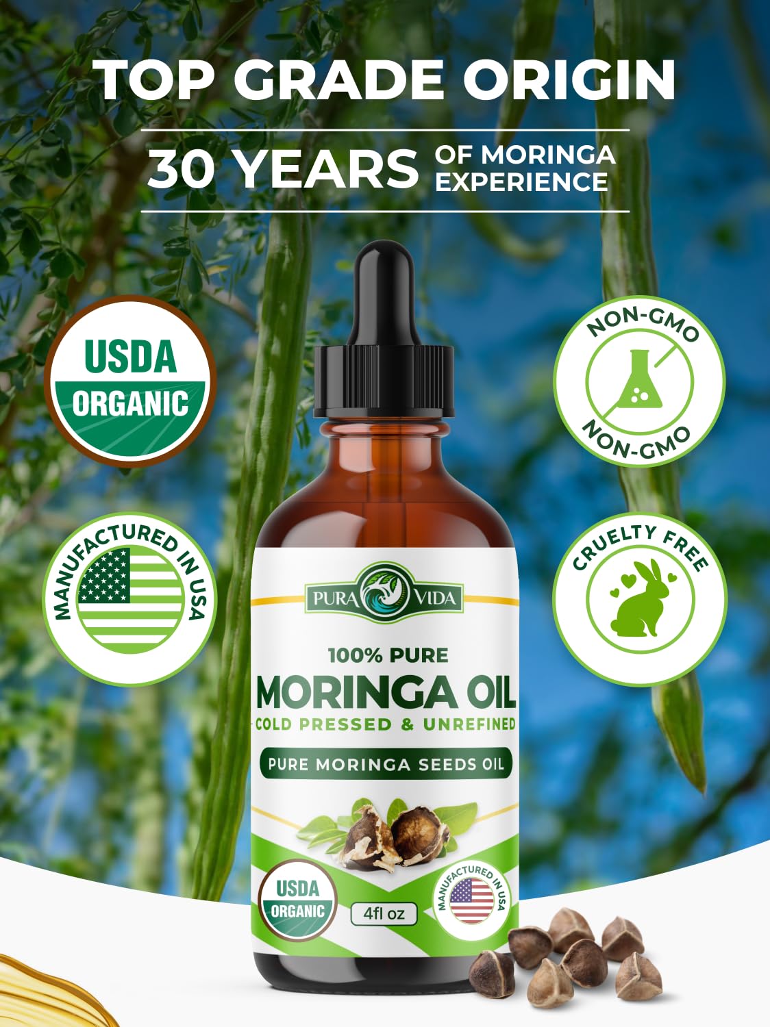 PURA VIDA MORINGA oil hair nourishment for shine and manageability.