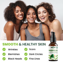 PURA VIDA MORINGA seed oil close-up showing clarity and golden hue for nourishment.