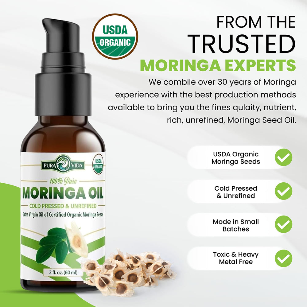 PURA VIDA MORINGA seed oil on facial skin for hydration and glow.