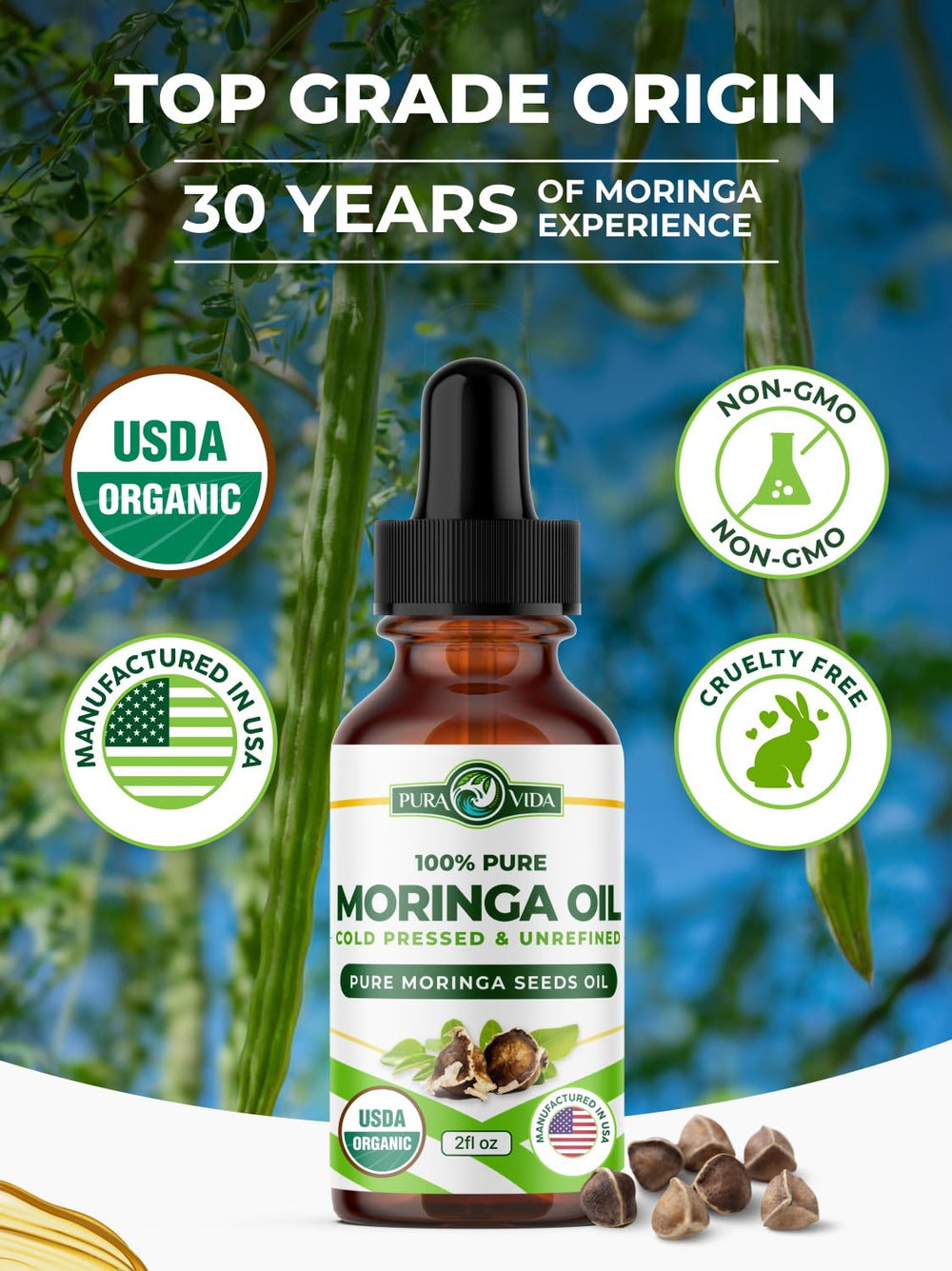 PURA VIDA MORINGA seed oil from a single-origin farm near volcanic foothills.